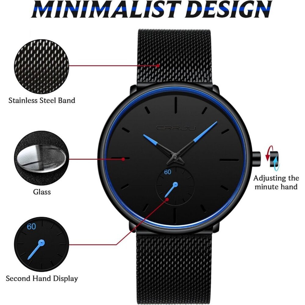 Men's Navy Blue Ultra-Thin Minimal Waterproof Stainless Steel Mesh Band Watch - Picture 3 of 6